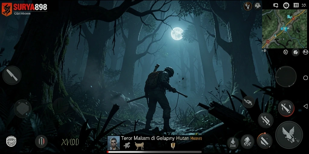 Screenshot gameplay SURYA898 menampilkan suasana mencekam di hutan.